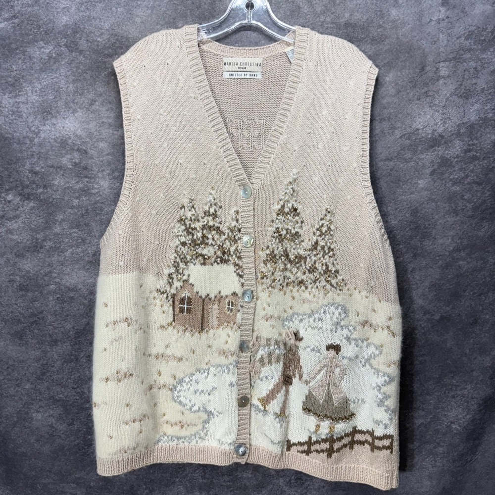 VTG Marisa Christina Handknit Sweater Vest Winter Scene Cabin Ice Skating Woods